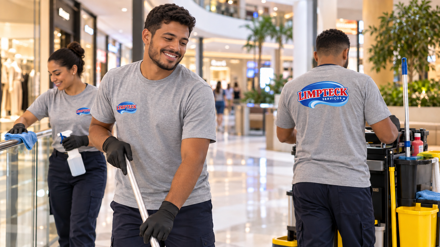 Equipe Limpteck realizando limpeza profissional em ambiente comercial